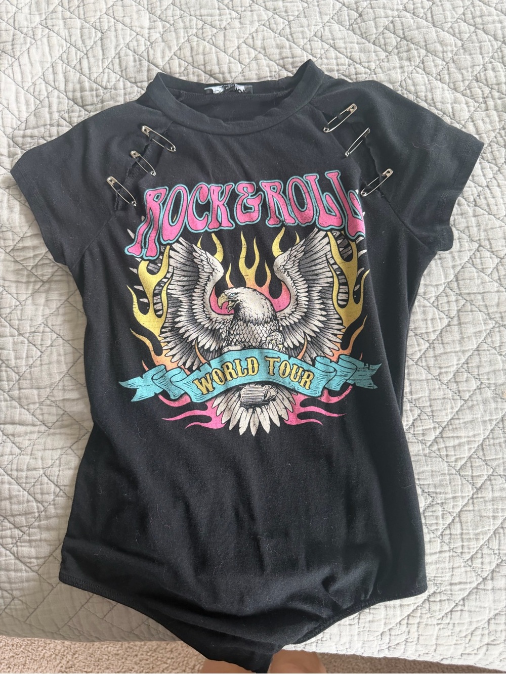 Fashion Nova Black Rock & Roll Graphic Tee Bodysuit with Safety Pin Detail
